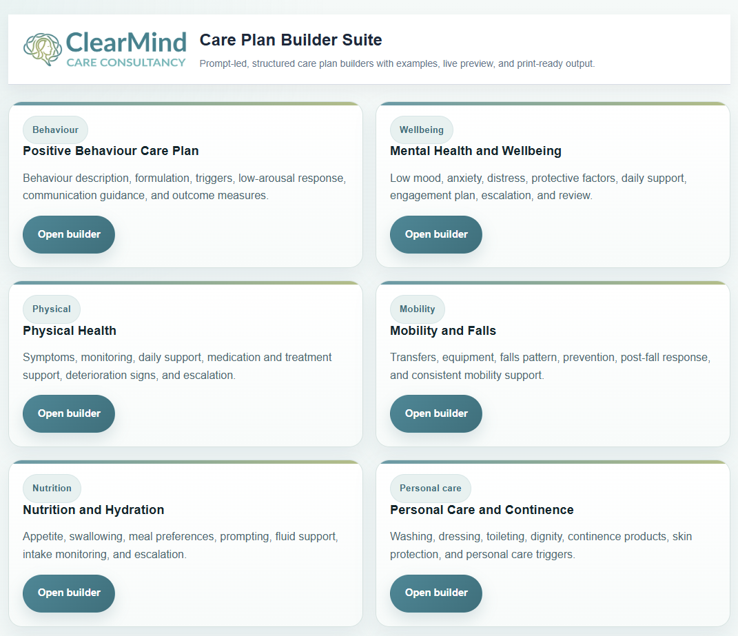 Care plan builder suite showing structured care plan templates